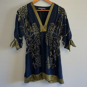 Hale Bob Navy and Olive Embellished Blouse